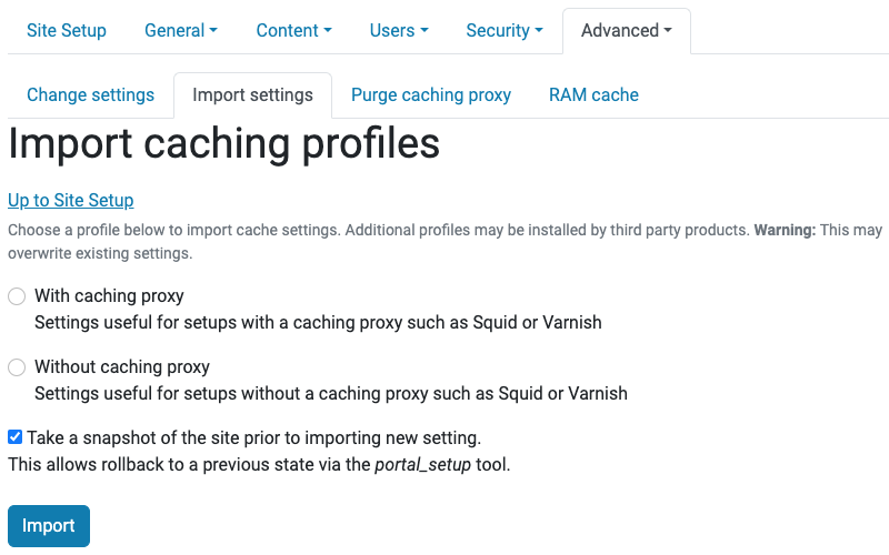 Import caching profiles control panel