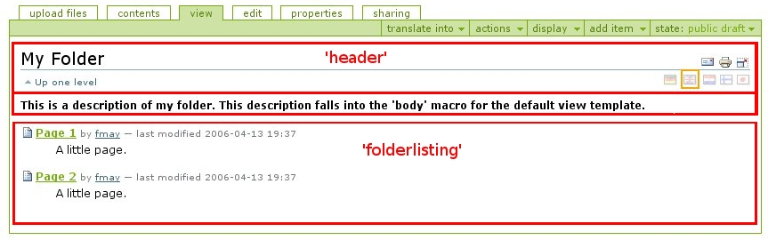 This image shows the areas generated by the header, body, and folderlisting macros