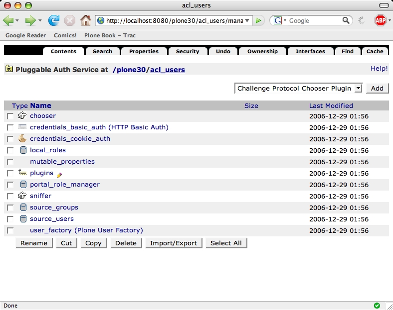 The contents of a PAS user folder in the ZMI